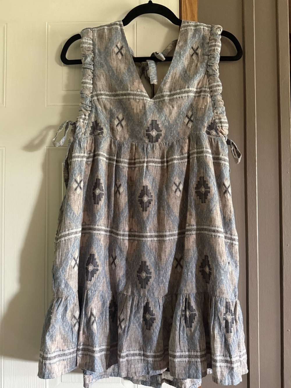 Sleeveless Mini Dress in Blue and Cream with Aztec Print